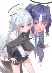  2girls absurdres black_jacket black_pantyhose black_skirt blue_archive blue_necktie blush collared_shirt commentary_request cowboy_shot eyelashes eyes_visible_through_hair fang foreshortening frown grin hair_between_eyes halo hanamaru_tsubaki highres hug hug_from_behind jacket long_hair long_sleeves looking_at_another mechanical_halo miniskirt multiple_girls necktie noa_(blue_archive) open_mouth pantyhose pleated_skirt purple_hair shirt sidelocks simple_background skin_fang skirt smile straight_hair tsurime two_side_up violet_eyes white_background white_hair white_jacket white_shirt yuri yuuka_(blue_archive) 