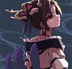  1girl black_hair blue_background boro_(tn-boro) clantail closed_mouth commentary_request frills hair_ornament highres horns japanese_clothes magical_girl mahou_shoujo_ikusei_keikaku mahou_shoujo_ikusei_keikaku_restart short_hair yellow_eyes 