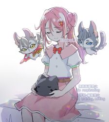  1girl alan_(precure) belt bow bowtie brown_belt closed_eyes closed_mouth commentary_request creature fairy_(precure) flower hair_bun hair_flower hair_ornament holding holding_creature karin_(precure) long_hair meitantei_precure! mizuki_riko pink_hair pink_skirt precure puffy_short_sleeves puffy_sleeves rain_(precure) red_bow red_bowtie shirt short_sleeves side_ponytail single_side_bun sitting skirt smile white_shirt 