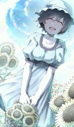  1girl :d ^_^ absurdres basket black_hair black_sash blue_dress blue_hat closed_eyes dress field flower flower_field frilled_hat frills hat highres holding holding_basket medium_hair nekoshido_art open_mouth sash science_adventure shiina_mayuri smile solo steins;gate sunflower sunflower_field tongue v_arms waist_sash 
