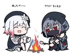 2girls :d ^_^ barefoot beret black_dress black_hat black_pantyhose campfire closed_eyes dress food gradient_hair grey_hair hair_between_eyes hat holding holding_stick hood hood_up japanese_text knees_up long_sleeves mahou_shoujo_no_majo_saiban marshmallow mask mouth_mask multicolored_hair multiple_girls nyaru_(nyaru_4126) pantyhose pink_hair pleated_dress puffy_long_sleeves puffy_sleeves red_eyes roasted_marshmallow sakuraba_ema shirt shito_alisa simple_background sitting smile stick translation_request warming_hands white_background white_hair white_shirt