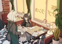  3girls apron black_hair blonde_hair blue_hair book braid cafe collar dragon_girl finger_to_mouth food furry furry_female glasses green_apron highres indoors misotsuki_ayabe multicolored_hair multiple_girls notebook original plant potted_plant pudding school_uniform shushing sleeping spiked_collar spikes tail textbook twin_braids two-tone_hair vrchat waitress white_hair wolf_girl 