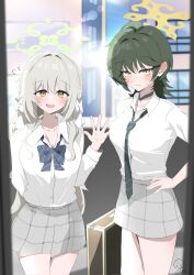  1girl 2girls absurdres ahoge blue_archive blush bow bowtie braid breasts diagonal-striped_bow diagonal-striped_bowtie diagonal-striped_clothes diagonal-striped_necktie doorway flower_halo fuyu_(blue_archive) green_hair green_halo hair_bow hair_ribbon halo highres jacket long_hair long_sleeves miyo_(blue_archive) mole mole_under_eye multiple_girls necktie open_door partially_open_shirt pov_doorway ribbon ribbon_in_braid shirt short_hair skirt striped_bow striped_bowtie striped_clothes striped_necktie uyuno_6 white_bow white_shirt wolf_cut 