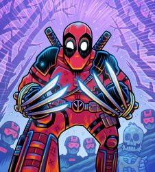  5boys ammunition_belt ankle_holster belt black_bodysuit blue_theme bodysuit bruise claw_(weapon) commentary cosplay dan_hipp deadpool deadpool_&amp;_wolverine deadpool_(series) english_commentary forest halftone halftone_background helmet highres holster injury katana male_focus marvel marvel_snap multiple_boys nature official_art red_bodysuit sheath sheathed skeleton soldier solo_focus superhero_costume sword sword_on_back thigh_holster weapon weapon_on_back wind winter wolverine_(x-men) wolverine_(x-men)_(cosplay) 