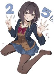  1girl blazer blue_jacket blue_skirt bob_cut bow bowtie braid brown_cardigan brown_hair brown_pantyhose brown_shirt cardigan closed_mouth collared_shirt commentary diagonal-striped_bow diagonal-striped_bowtie diagonal-striped_clothes ena_25ji english_commentary finger_counting from_above hands_up highres jacket kamiyama_high_school_uniform_(project_sekai) lapels layered_sleeves long_sleeves looking_at_viewer no_shoes notched_lapels open_clothes open_hand open_jacket pantyhose pink_bow pink_bowtie project_sekai school_uniform shinonome_ena shirt short_hair side_braid sidelocks simple_background sitting skirt smile solo sparkle striped_bow striped_bowtie striped_clothes v wariza white_background 