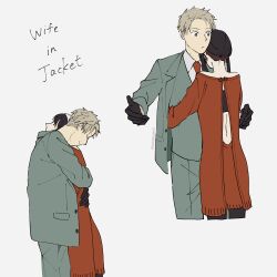  black_gloves black_hair blonde_hair blue_eyes closed_eyes closed_mouth commentary_request couple dress earrings english_text gloves gold_earrings green_jacket green_pants hairband hetero highres hug husband_and_wife jacket jewelry long_sidelocks long_sleeves pants red_dress short_hair sidelocks simple_background spy_x_family sweater sweater_dress tarutaruso3 twilight_(spy_x_family) very_short_hair white_background white_hairband yor_briar 