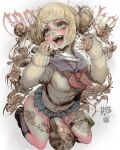  1girl absurdres artist_name bad_link bangs black_socks blonde_hair blunt_bangs boku_no_hero_academia double_bun flower hair_bun highres knife long_sleeves open_mouth parkjinsuky pleated_skirt skirt sleeves_past_wrists socks solo syringe thighs toga_himiko tongue tongue_out white_background 