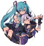  2girls aqua_eyes aqua_hair aqua_nails aqua_necktie bare_shoulders belt_collar black_skirt black_sleeves collar commentary detached_sleeves feet_out_of_frame flower_(vocaloid) flower_(vocaloid4) grey_shirt hair_ornament hand_on_another&#039;s_arm hatsune_miku hazime headphones holding_hands interlocked_fingers jacket leaning_forward long_hair looking_at_viewer miniskirt multicolored_hair multiple_girls nail_polish necktie pleated_skirt purple_hair purple_jacket purple_nails purple_shirt purple_shorts purple_skirt shirt shorts sitting skirt sleeveless sleeveless_jacket sleeveless_shirt smile streaked_hair torn_clothes torn_skirt twintails twitter_username very_long_hair violet_eyes vocaloid 