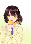  1girl :d bangs blue_necktie brown_hair cardigan collared_shirt floating_hair food fruit hair_between_eyes highres holding holding_food holding_fruit lemon long_sleeves looking_at_viewer nail_polish necktie negai_(48282230) open_mouth original shiny shiny_hair shirt short_hair simple_background smile solo straight_hair upper_body white_background white_shirt wing_collar yellow_cardigan yellow_eyes yellow_nails 