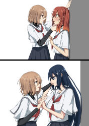  3girls absurdres black_choker black_hair black_shirt black_skirt blue_eyes blush brown_eyes brown_hair choker commentary_request hair_ornament hairclip hand_on_another's_chin highres holding_hands interlocked_fingers kabedon layered_sleeves long_hair long_sleeves midare_hanasaki multiple_girls neckerchief oumi_shiori parted_lips pleated_skirt red_hair red_neckerchief school_uniform serafuku shirt short_hair short_over_long_sleeves short_sleeves skirt two_side_up undershirt watashi_wo_tabetai_hitodenashi white_shirt yaotose_hinako yashiro_miko yuri 