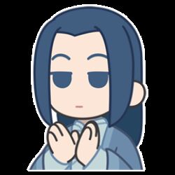  1boy animated animated_gif blue_eyes blue_hair chibi chibi_only chinese_clothes clapping long_hair low_ponytail lowres male_focus official_art ponytail simple_background solo sticker_(medium) the_legend_of_luo_xiaohei white_background wuxian_(the_legend_of_luo_xiaohei) 