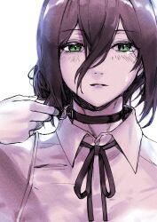  1girl absurdres black_choker black_hair black_ribbon chainsaw_man choker collared_shirt commentary_request crying crying_with_eyes_open green_eyes grenade_pin hair_between_eyes hair_bun highres imminent_explosion long_hair_between_eyes looking_at_viewer neck_ribbon parted_lips portrait pull_cord purple_hair reze_(chainsaw_man) ribbon shirt short_hair simple_background single_tear sleeveless sleeveless_shirt solo tears upper_body uraki_tsunagu white_shirt 