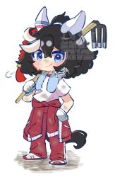  1girl animal_ears black_hair blue_eyes blush closed_mouth clothes_around_waist dirty dirty_clothes ear_covers gloves hair_between_eyes hair_ornament highres holding_hoe horse_ears horse_girl horse_tail jacket jacket_around_waist katsuragi_ace_(umamusume) long_sleeves looking_at_viewer multicolored_hair over_shoulder pants ponytail puff_of_air red_jacket red_pants red_track_suit shirt shoes short_sleeves smile solo streaked_hair sweat tail tassel tassel_hair_ornament tkmt3690 towel towel_around_neck tracen_training_uniform track_jacket track_pants track_suit umamusume white_gloves white_hair white_shirt 
