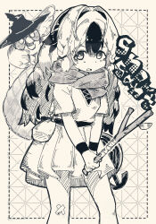  1girl arknights bandaid bandaid_on_knee bandaid_on_leg border character_name commentary_request cowboy_shot crossed_bandaids dotted_line dress greyscale hair_intakes hatching_(texture) highres holding holding_stick holding_weapon linear_hatching long_hair looking_at_viewer monochrome open_mouth outside_border partial_commentary pleated_dress sbmsnkmudn scarf short_sleeves snowsant_(arknights) solo standing stick weapon wristband 