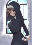 1girl absurdres bangs black_dress braid breasts brown_hair closed_mouth cowboy_shot dress from_behind habit highres indoors large_breasts leaning_forward long_hair long_sleeves looking_at_viewer looking_back nun original own_hands_together red_eyes shochiku smile solo window 