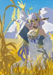  1girl :d arknights arm_up bare_shoulders beads belt blonde_hair blue_eyes blue_hair chinese_commentary clouds collarbone commentary_request day dragon_girl dragon_horns dragon_tail earrings field hair_between_eyes hand_on_own_hip highres horns jacket jewelry long_hair looking_at_viewer multicolored_hair necklace notice_lines open_mouth outdoors outstretched_arm pants pointy_ears shixianyua shu_(arknights) simple_bird smile solo standing strapless tail teeth tube_top upper_teeth_only very_long_hair watermark waving wheat wheat_field white_belt white_hair white_jacket white_pants white_tube_top 