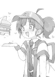  1girl ahoge back_bow blunt_bangs blush bow burger collared_shirt food greyscale hand_up heart heart-shaped_pupils highres imadake_dabuchi_tabemi mcdonald's mizuame_bakuhatsu monochrome necktie saliva shirt short_sleeves shorts sweat symbol-shaped_pupils twintails visor_cap white_background wristband 