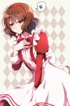  1girl blush bow bowtie brown_eyes brown_hair closed_mouth dress embarrassed frilled_dress frills hand_on_own_chest headband hibike!_euphonium highres long_sleeves maid original oumae_kumiko red_bow red_bowtie red_headband sae_(renkyuuake) short_hair signature solo speech_bubble spoken_squiggle squiggle white_dress 