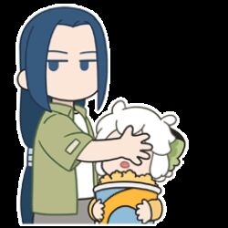  2boys ? ?? animated animated_gif blue_eyes blue_hair chibi chibi_only commentary covering_another's_eyes english_commentary food long_hair low_ponytail lowres luo_xiaohei luo_xiaohei_(human) male_focus multiple_boys no_mouth official_art pants ponytail popcorn popcorn_bucket shirt short_sleeves simple_background sticker_(medium) the_legend_of_luo_xiaohei white_background white_shirt wuxian_(the_legend_of_luo_xiaohei) 