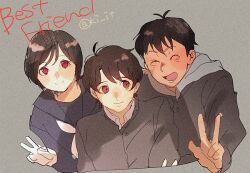  1girl 2boys aged_down aldnoah.zero amifumi_inko black_hair brown_hair closed_eyes commentary_request gakuran grey_background kaizuka_inaho kiti_(ki_iti) mikuni_okisuke multiple_boys official_alternate_costume open_mouth peace_symbol red_eyes school_uniform serafuku short_hair 