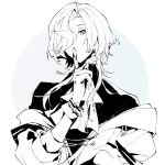  1boy ascot bracelet covered_mouth finger_to_mouth gloves greyscale hair_over_one_eye holostars jacket jewelry looking_at_viewer male_focus medium_hair monochrome off_shoulder simple_background solo tgmrsisn turtleneck upper_body utsugi_uyu virtual_youtuber white_background 