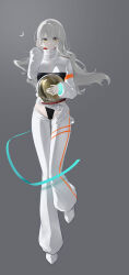  1girl absurdres belt floating floating_hair full_body hand_on_own_face helmet highres holding holding_unworn_helmet jacket long_hair looking_at_viewer minatonmsm original pants ribbon shoes simple_background solo space_helmet sweatpants unworn_headwear unworn_helmet white_hair white_jacket white_pants white_shoes yellow_eyes 
