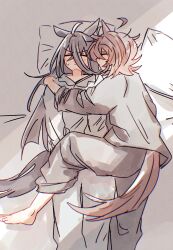  2girls absurdres agnes_tachyon_(umamusume) ahoge animal_ears barefoot black_hair blush brown_hair closed_eyes closed_mouth commentary cuddling gachitamago grey_pants grey_shirt highres horse_ears horse_girl horse_tail hug long_hair manhattan_cafe_(umamusume) medium_hair multiple_girls pants pillow shirt sleeping_together sweatdrop tail umamusume untranslatable_commentary yuri 