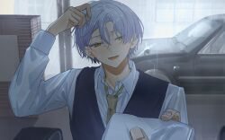  18trip 1boy 22kolink adjusting_hair arm_up blue_vest brown_necktie commentary hair_between_eyes highres holding holding_towel looking_at_viewer lower_teeth_only male_focus necktie oguro_kafka open_mouth purple_hair rain shirt short_hair smile solo teeth towel upper_body vest wet white_shirt yellow_eyes 