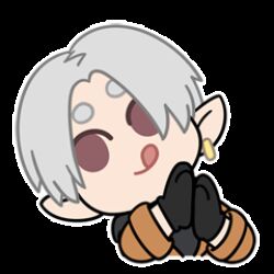  1boy :q animated animated_gif black_gloves chibi chibi_only commentary earrings english_commentary gloves grey_hair jewelry jienihuang long_sleeves lowres male_focus official_art pointy_ears rubbing_hands_together simple_background single_earring solo sticker_(medium) the_legend_of_luo_xiaohei tongue tongue_out white_background 