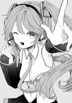  1girl arm_up armpits greyscale hatsune_miku headgear highres long_hair monochrome necktie one_eye_closed open_mouth pointing simple_background skirt sleeveless smile solo twintails upper_body very_long_hair vocaloid zikimasaya 