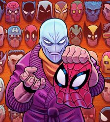  1boy abstract_background chameleon_(marvel) dan_hipp feet_out_of_frame green_shirt halftone halftone_background highres holding holding_mask indoors marvel marvel_snap mask official_art purple_robe red_mask robe shirt solo_focus spider-man_(series) toon_(style) trophy_head upper_body white_mask 