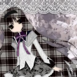 1girl akemi_homura akemi_homura_(magical_girl) artist_name black_eyes black_hair black_hairband bow bowtie capelet collage_(medium) collared_capelet commentary cowboy_shot dessert double_exposure dress english_commentary expressionless food food-themed_background food-themed_clothes food_print frilled_skirt frills grey_capelet grey_skirt hairband high_collar highres jitome lace_background layered_sleeves long_hair long_sleeves looking_at_viewer magical_girl mahou_shoujo_madoka_magica mahou_shoujo_madoka_magica_(anime) miniskirt mixed_media neck_ribbon no_mouth no_nose paper_cutout_(medium) papercraft_(medium) purple_bow purple_bowtie purple_ribbon ribbon signature skirt skirt_under_dress solo sprinkles unconventional_media very_long_hair white_dress yuno-is-overit