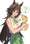  1girl ahoge animal_ears bangs bare_arms breasts brown_hair buttons green_eyes green_neckerchief green_pants hair_between_eyes hair_ornament hairclip holding holding_stuffed_toy horse_ears horse_girl horse_tail long_hair looking_at_viewer misu_kasumi mr._c.b._(umamusume) neckerchief open_mouth pants shirt shirt_tucked_in simple_background sleeveless sleeveless_shirt small_breasts smile solo speech_bubble stuffed_animal stuffed_dog stuffed_toy tail translation_request umamusume upper_body white_background 