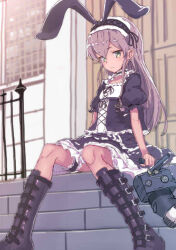  1girl alternate_costume black_boots black_dress boots brown_hair closed_mouth dress frilled_thigh_strap frills gothic_lolita hairband holding holding_stuffed_toy kantai_collection knee_boots lolita_fashion lolita_hairband long_hair looking_at_viewer puffy_sleeves rensouhou-chan ryuudog shimakaze_(kancolle) short_sleeves sidelocks sitting solo stairs stuffed_toy thigh_strap yellow_eyes 