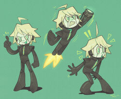  1boy :o ahoge android arm_cannon armor blonde_hair blue_skin clenched_hand clenched_teeth colored_skin commentary danganronpa_(series) danganronpa_v3:_killing_harmony dated english_commentary expressive_hair eyelashes flying full_body green_background green_eyes highres index_finger_raised k1-b0 male_focus motion_lines multiple_views notice_lines open_mouth power_armor seiishin short_hair signature simple_background standing teeth thrusters weapon 