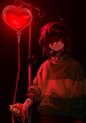 1other absurdres androgynous black_background blood blood_bag deltarune expressionless hair_between_eyes hair_over_one_eye heart highres intravenous_drip iv_stand kris_(deltarune) long_sleeves looking_at_viewer other_focus red_eyes red_light red_soul_(utdr) sasarito_ff14 short_hair simple_background soul_(character)_(deltarune) soul_(utdr) striped_clothes two-tone_sweater utdr_(toby_fox) 