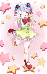  1girl blue_hair bow bowtie closed_eyes commentary_request dreamy_chelsea dress frilled_dress frills hair_ornament highres holding holding_wand magical_girl mahou_shoujo_ikusei_keikaku mahou_shoujo_ikusei_keikaku_breakdown multicolored_hair pink_hair qoo_1025 red_bow red_bowtie red_nails red_shoes shoes smile standing standing_on_one_leg star_(symbol) star_hair_ornament star_symbol_background wand 