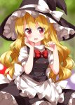  100th_black_market 1girl apron back_bow bangs black_dress black_headwear blonde_hair blurry blurry_background blush bow bowtie breasts buttons commentary dress eyes_visible_through_hair food frills hair_between_eyes hand_on_own_face hands_up hat hat_bow highres kirisame_marisa leaf long_hair looking_to_the_side medium_breasts mushroom one-hour_drawing_challenge open_mouth puffy_short_sleeves puffy_sleeves red_bow red_bowtie red_eyes ruu_(tksymkw) shirt short_sleeves smile solo standing touhou tree white_apron white_bow white_shirt witch_hat 
