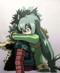  1boy 1girl asui_tsuyu bodysuit boku_no_hero_academia bow-shaped_hair breast_press breasts commentary_request crying crying_with_eyes_open gloves green_bodysuit green_eyes green_hair hair_rings highres hug long_hair low-tied_hair_rings low-tied_long_hair medium_breasts midoriya_izuku superhero_costume tears torn_clothes wavy_eyes wrato yellow_gloves 