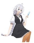  1girl ahoge arm_support black_dress blue_eyes braid commentary dress dripping furrowed_brow grey_hair highres holding_ice_cream ice_cream_bar kizuna_akari long_hair minatsuki_(m1natsuk1) open_mouth orange_thighhighs puffy_short_sleeves puffy_sleeves shirt shirt_under_dress short_sleeves solo symbol-only_commentary thigh-highs translated twin_braids twintails very_long_hair vocaloid voiceroid white_shirt 