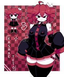  ahoge arm_tattoo bare_shoulders big_hair black_boots black_eyes black_shirt black_skirt black_sleeves boots breasts buttons character_name checkered_background chibi chibi_inset collared_shirt cowboy_shot detached_sleeves drill_hair flower full_body hair_between_eyes hair_ribbon highres kasane_teto kasane_teto_(utau) large_breasts looking_at_viewer medium_hair narrow_waist pleated_skirt red_background red_boots red_hair red_shirt red_skirt red_sleeves ribbon rod_drawings shirt sidelocks signature skirt sleeves_past_fingers sleeves_past_wrists smile sparkle tattoo thick_thighs thigh_boots thighs tsurime twin_drills twitter_username utau white_ribbon wide_hips wide_sleeves worried 