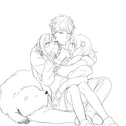  1boy 2girls :o absurdres ahoge anya_(spy_x_family) blush bond_(spy_x_family) closed_mouth commentary_request dog dress full_body greyscale group_hug hairband hairpods highres hug hug_from_behind long_sleeves monochrome multiple_girls open_mouth pants shoes short_hair simple_background sitting sitting_on_lap sitting_on_person smile socks spy_x_family sweatdrop sweater sweater_dress tarutaruso3 twilight_(spy_x_family) white_background yor_briar 