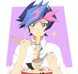  1boy absurdres blue_hair blue_necktie caro-xy char_siu chopsticks commentary_request eating egg english_commentary food fujiki_yusaku green_eyes hair_between_eyes highres holding holding_chopsticks kamaboko narutomaki necktie noodles pink_hair ramen seaweed shirt short_hair simple_background solo soup white_shirt yu-gi-oh! yu-gi-oh!_vrains 