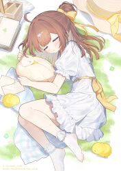  1girl absurdres ahoge baby_animal bird blunt_bangs blush bow brown_hair chick closed_eyes closed_mouth commentary_request commission dress duck full_body hair_bow hair_intakes hat hat_bow highres letter long_hair lying no_shoes on_side original shishiodoshi short_sleeves sidelocks skeb_commission socks solo unworn_hat unworn_headwear white_dress white_socks yellow_bow 