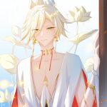  1boy bare_pectorals bishounen blonde_hair earrings flower green_eyes highres japanese_clothes jewelry lotus lotus_earrings lotus_hair_ornament male_focus non-web_source onmyoji pectorals short_hair solo string_choker taishakuten_(onmyoji) white_lotus 