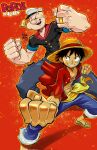  2boys arm_up artist_name black_hair broad_shoulders burn_scar buttons clenched_hands closed_eyes collarbone crossover english_commentary fighting_stance grin hand_up hat highres jewelry male_focus marcus_williams monkey_d._luffy multiple_boys one_piece open_clothes open_mouth open_shirt outstretched_arm pants pipe_in_mouth popeye popeye_the_sailor red_shirt ring sailor sailor_collar sailor_hat sailor_shirt sandals scar scar_on_cheek scar_on_chest scar_on_face shirt short_hair smile smoking_pipe standing straw_hat tan tattoo toned toned_male trait_connection v-shaped_eyebrows 