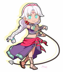  1girl artist_name bindi chibi commentary_request cross-laced_clothes cross-laced_top curtained_hair dark-skinned_female dark_skin earrings eiyuu_densetsu facial_mark forehead_jewel forehead_mark green_eyes holding holding_whip hoop_earrings jewelry looking_at_viewer lowres navel_piercing piercing sarong scherazard_harvey smile sora_no_kiseki sora_no_kiseki_sc whip white_background white_hair xiacheng_tatsuya 