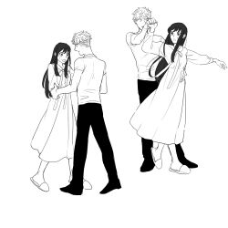  1boy 1girl blush dancing dress flustered full_body greyscale highres long_hair long_sleeves monochrome multiple_views nightgown pants shoes short_hair sidelocks simple_background slippers spy_x_family sweatdrop tarutaruso3 twilight_(spy_x_family) white_background yor_briar 