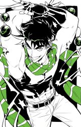  1boy abs arms_up battle_tendency belt belt_buckle border buckle commentary crop_top english_commentary feet_out_of_frame fingerless_gloves gloves green_scarf grin hakmonss jojo_no_kimyou_na_bouken joseph_joestar joseph_joestar_(young) long_scarf looking_to_the_side male_focus outside_border pants scarf short_hair sideways_glance smile solo spot_color star_(symbol) striped_clothes striped_scarf thick_eyebrows very_short_hair white_border 