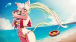  1girl animal_ears beach bikini blue_sky breasts cat_ears clickdraws clouds commission heart heart-shaped_pupils highres hug ocean open_mouth original ponytail ribbon self_upload sky smile summer swimsuit symbol-shaped_pupils tail tattoo virtual_youtuber white_hair 